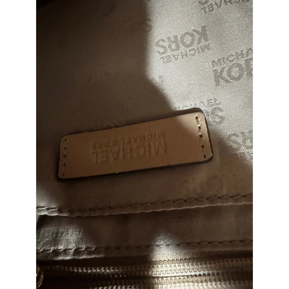 Michael Kors Brown Monogram MK Logo Crossbody Bag Tan Leather Trim Gold Hardware